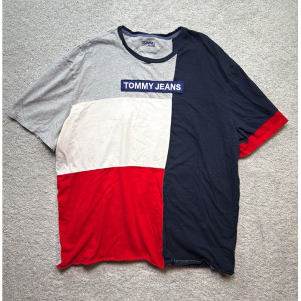 Tommy Jeans Colorblock T-Shirt Men XXL Navy Red White Gray Logo Patch Streetwear